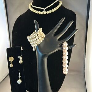 Lot of White beads bracelets, necklaces, mismatch earrings.